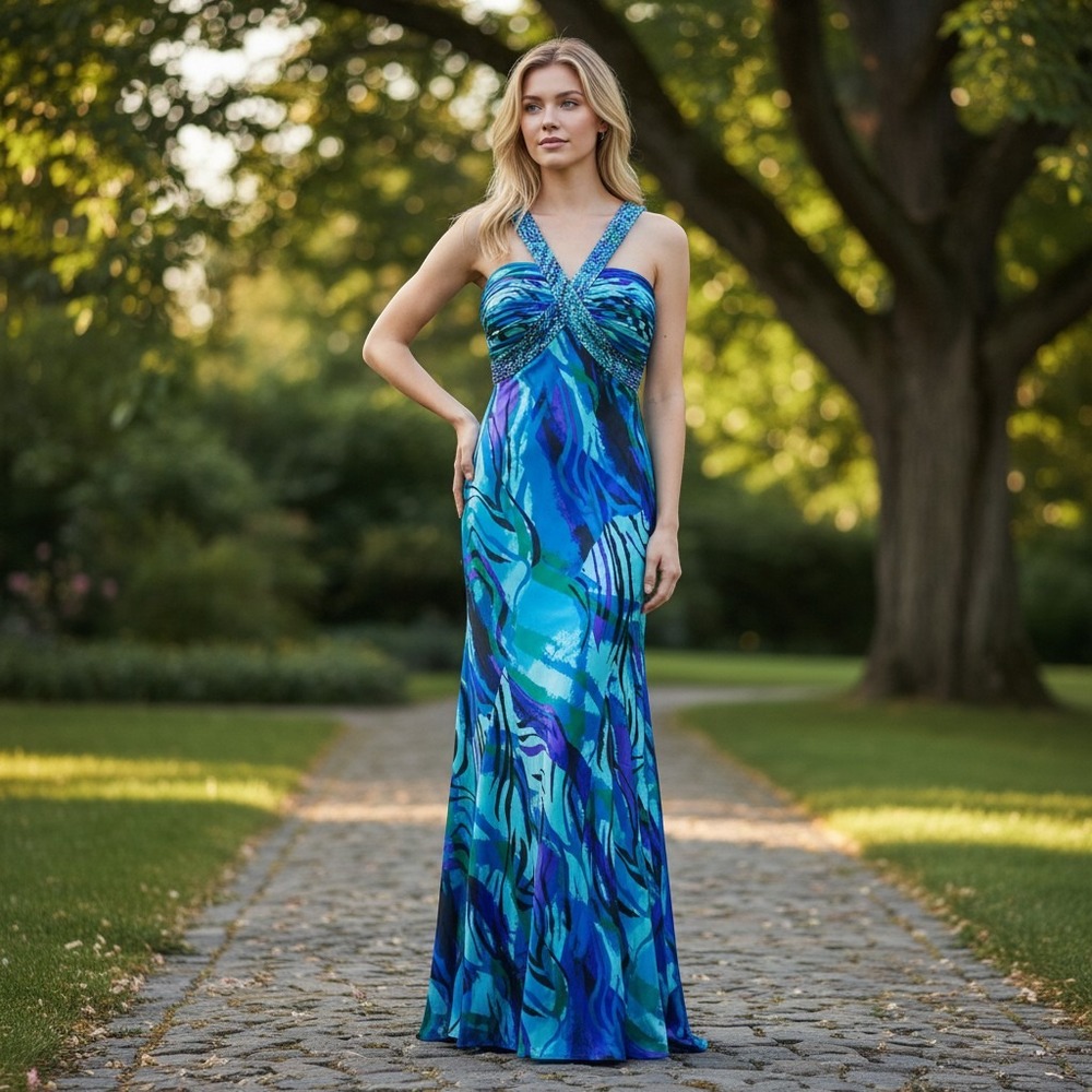 Ignite Evenings Carol Lin Blue Purple Abstract Beaded Mermaid Formal Y2K Dress